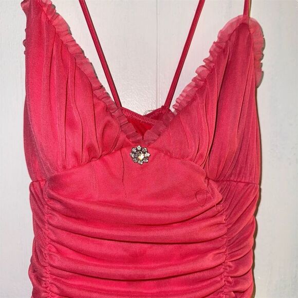 Jodi Kristopher Deadstock NWT Y2K Pink Ruched Midi Dress Asymmetrical Hem Large - Picture 3 of 6